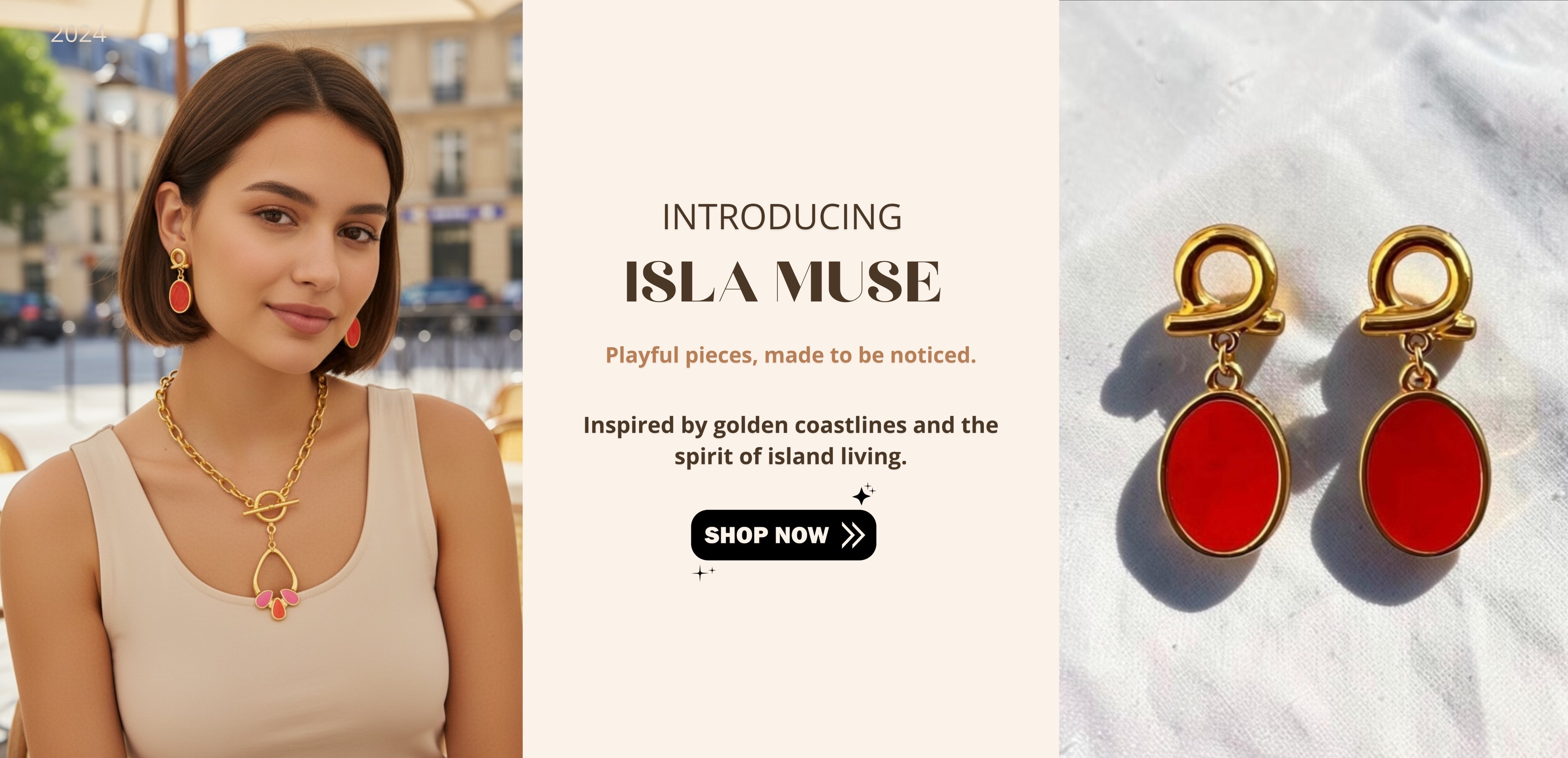 A promotional split image featuring a woman wearing coral-red drop earrings and a gold necklace on the left, and a close-up of matching coral-red drop earrings with gold clips on the right. Text in the center reads 'INTRODUCING ISLA MUSE' with a 'SHOP NOW' button.